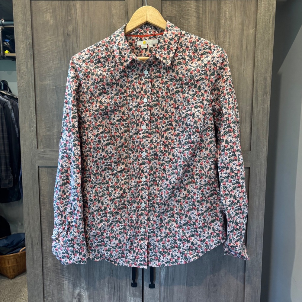 Boden Strawberry Floral Print Cotton Button Down Shirt Pink Red US 8R